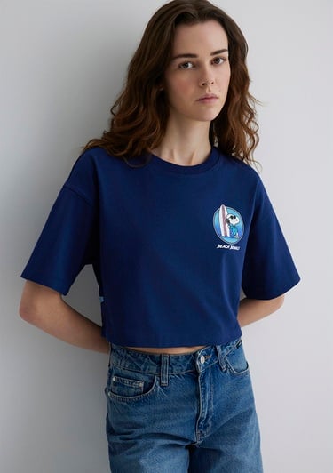  Mavi Snoopy Baskılı Lacivert Tişört Crop / Kısa Kesim 1613360-70491