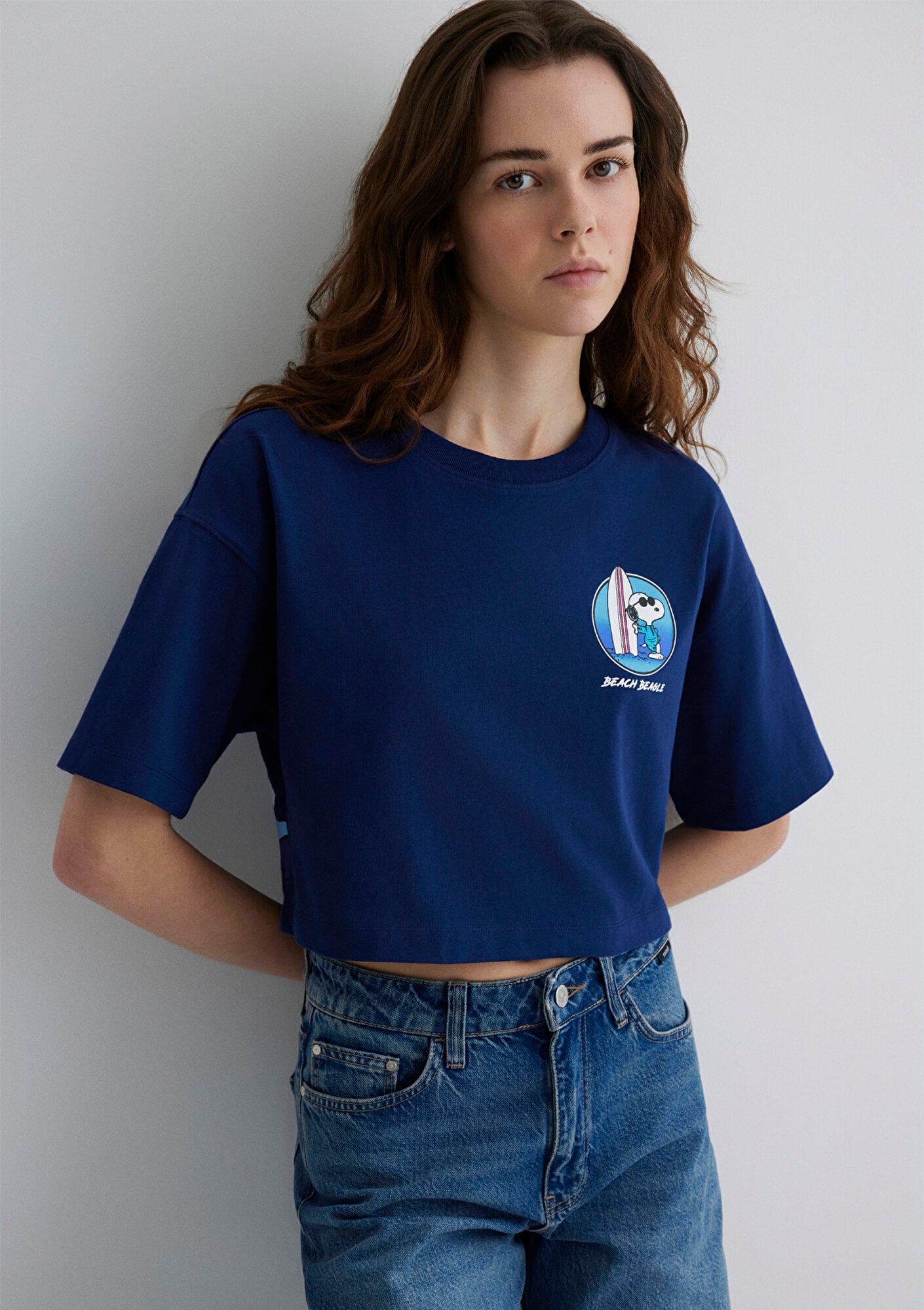  Mavi Snoopy Baskılı Lacivert Tişört Crop / Kısa Kesim 1613360-70491