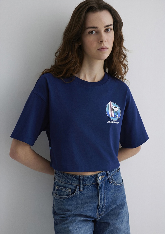  Mavi Snoopy Baskılı Lacivert Tişört Crop / Kısa Kesim 1613360-70491