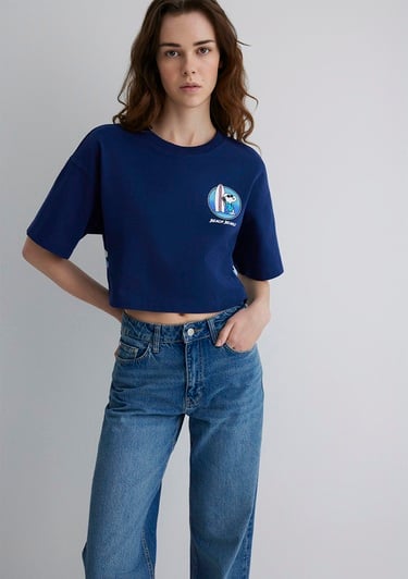  Mavi Snoopy Baskılı Lacivert Tişört Crop / Kısa Kesim 1613360-70491