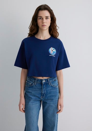  Mavi Snoopy Baskılı Lacivert Tişört Crop / Kısa Kesim 1613360-70491