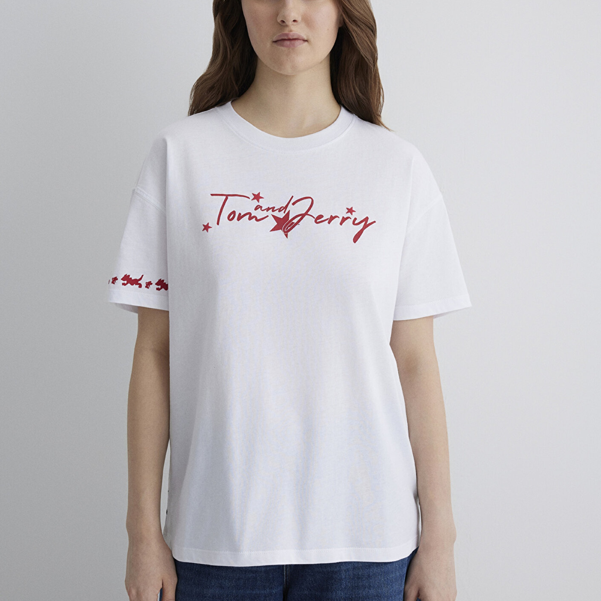 Mavi Tom and Jerry Baskılı Beyaz Tişört Loose Fit / Bol Rahat Kesim 1613359-620