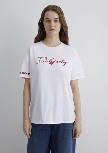  Mavi Tom and Jerry Baskılı Beyaz Tişört Loose Fit / Bol Rahat Kesim 1613359-620