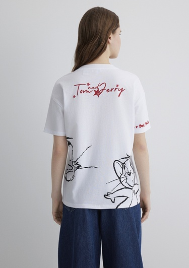  Mavi Tom and Jerry Baskılı Beyaz Tişört Loose Fit / Bol Rahat Kesim 1613359-620