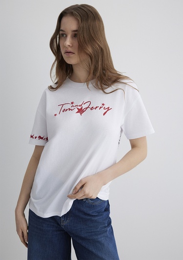  Mavi Tom and Jerry Baskılı Beyaz Tişört Loose Fit / Bol Rahat Kesim 1613359-620