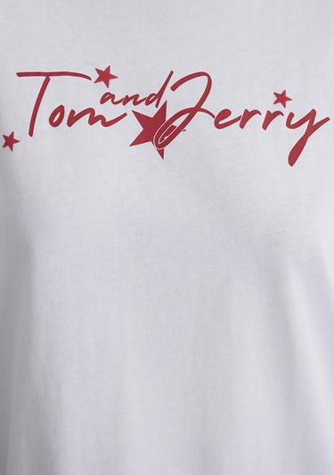 Mavi Tom and Jerry Baskılı Beyaz Tişört Loose Fit / Bol Rahat Kesim 1613359-620