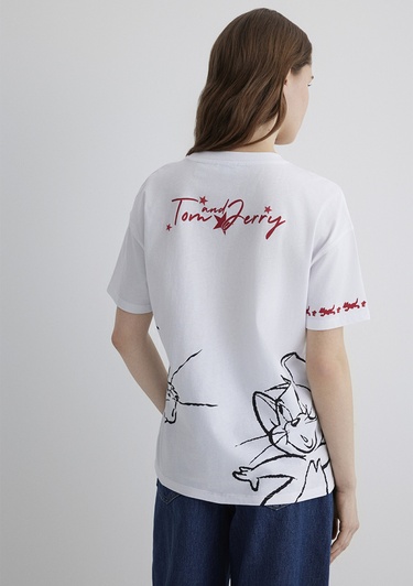  Mavi Tom and Jerry Baskılı Beyaz Tişört Loose Fit / Bol Rahat Kesim 1613359-620