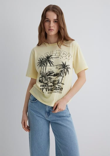  Mavi Palmiye Baskılı Sarı Tişört Regular Fit / Normal Kesim 1613179-71310