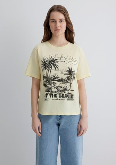  Mavi Palmiye Baskılı Sarı Tişört Regular Fit / Normal Kesim 1613179-71310