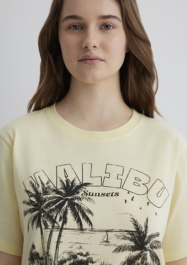  Mavi Palmiye Baskılı Sarı Tişört Regular Fit / Normal Kesim 1613179-71310