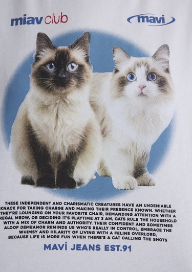  Mavi Kedi Baskılı Beyaz Tişört Crop / Kısa Kesim 1613098-620