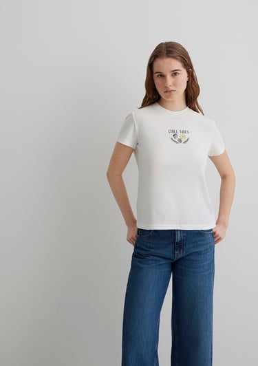  Mavi Baskılı Ekru Tişört Semi Slim Fit / Yarı Dar Kesim 1613191-70057