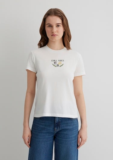  Mavi Baskılı Ekru Tişört Semi Slim Fit / Yarı Dar Kesim 1613191-70057