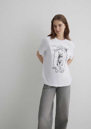  Mavi Kedi Baskılı Beyaz Tişört Loose Fit / Bol Rahat Kesim 1613095-620