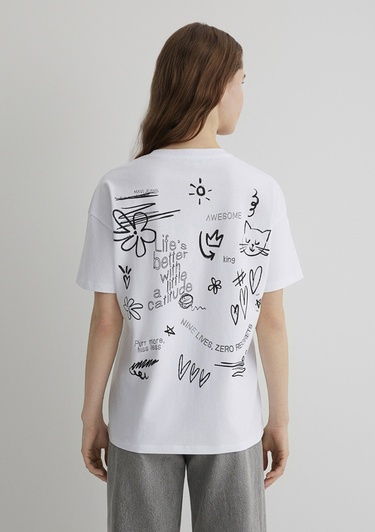  Mavi Kedi Baskılı Beyaz Tişört Loose Fit / Bol Rahat Kesim 1613095-620