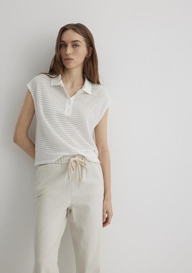  Mavi Beyaz Örme Polo Tişört Loose Fit / Bol Rahat Kesim 1612654-70057