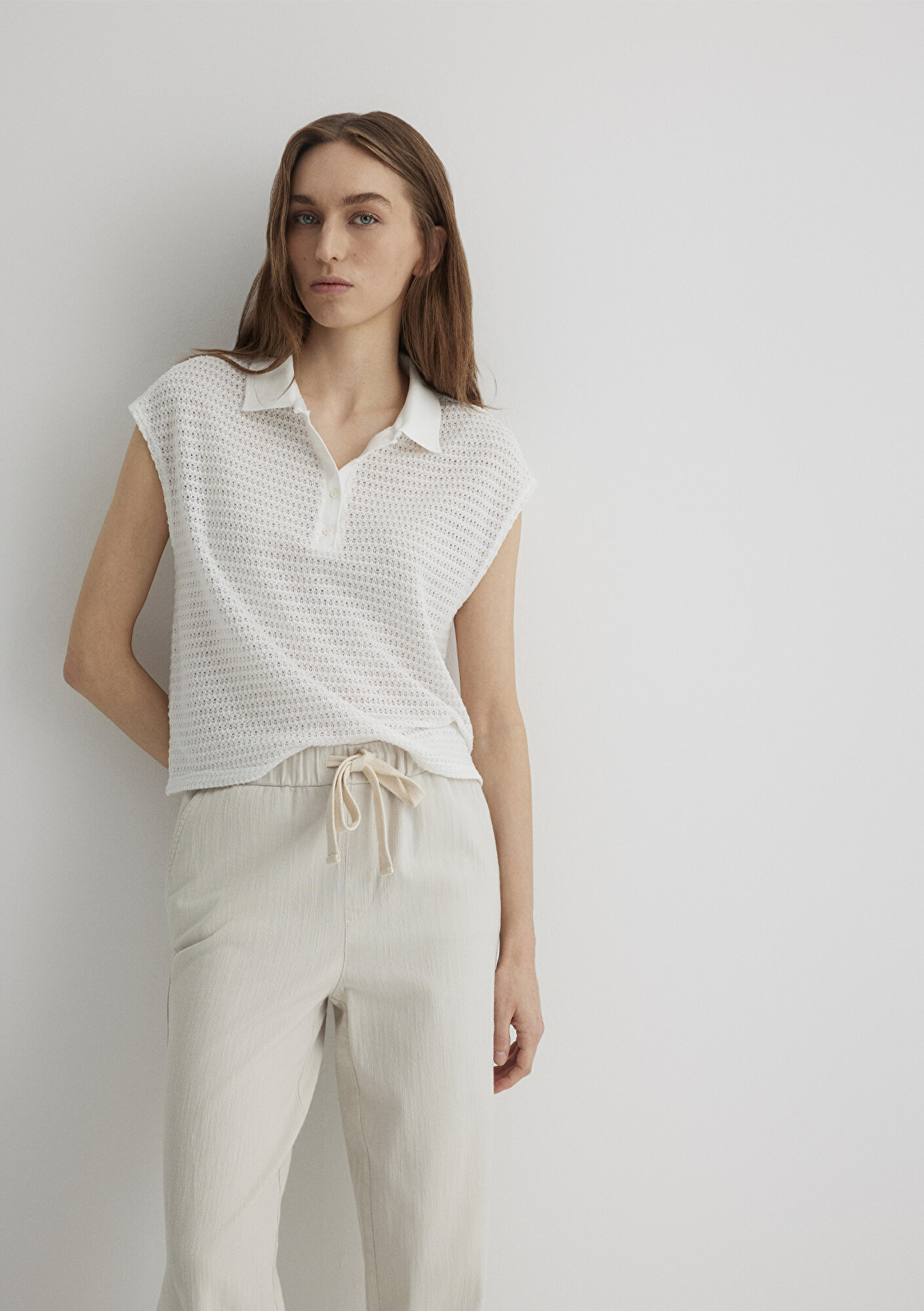  Mavi Beyaz Örme Polo Tişört Loose Fit / Bol Rahat Kesim 1612654-70057