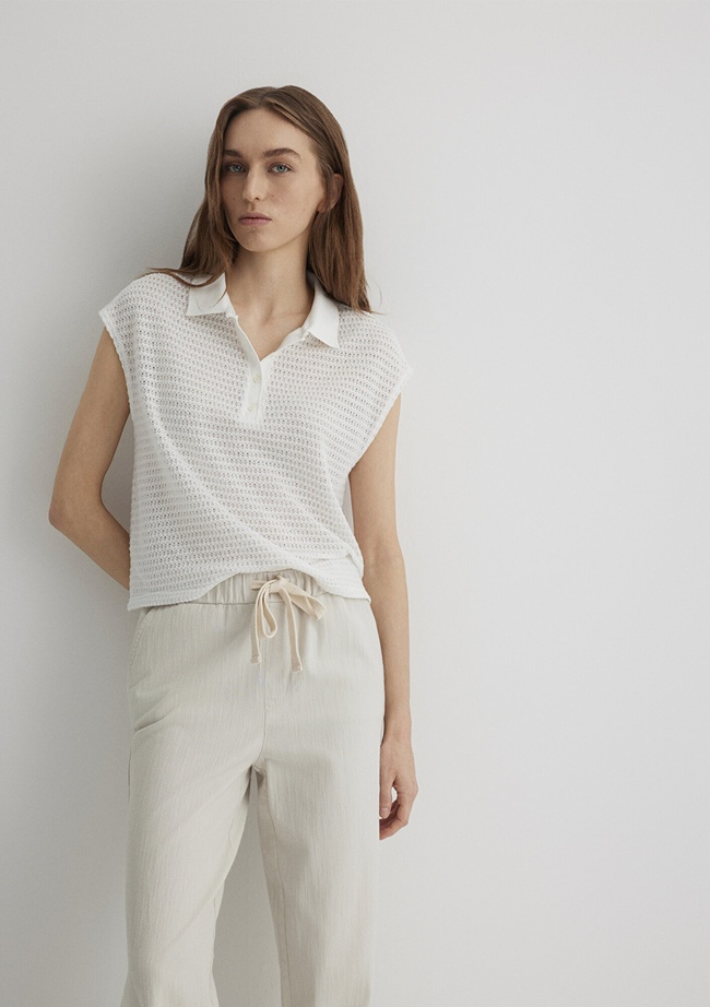  Mavi Beyaz Örme Polo Tişört Loose Fit / Bol Rahat Kesim 1612654-70057