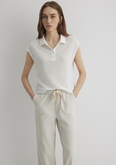  Mavi Beyaz Örme Polo Tişört Loose Fit / Bol Rahat Kesim 1612654-70057