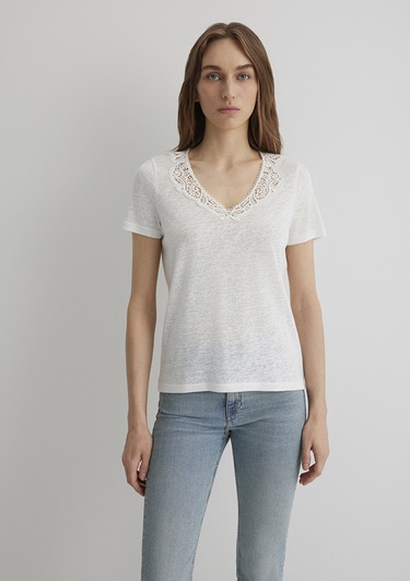  Mavi Dantel Detaylı Beyaz Tişört Slim Fit / Dar Kesim 1612752-70057