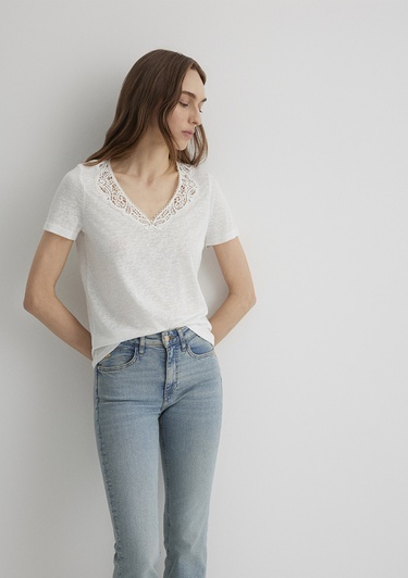  Mavi Dantel Detaylı Beyaz Tişört Slim Fit / Dar Kesim 1612752-70057