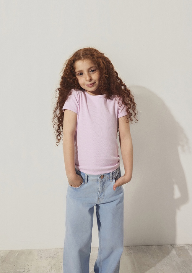  Mavi Fitilli Pembe Basic Tişört Fitted / Vücuda Oturan Kesim 7610260-86953