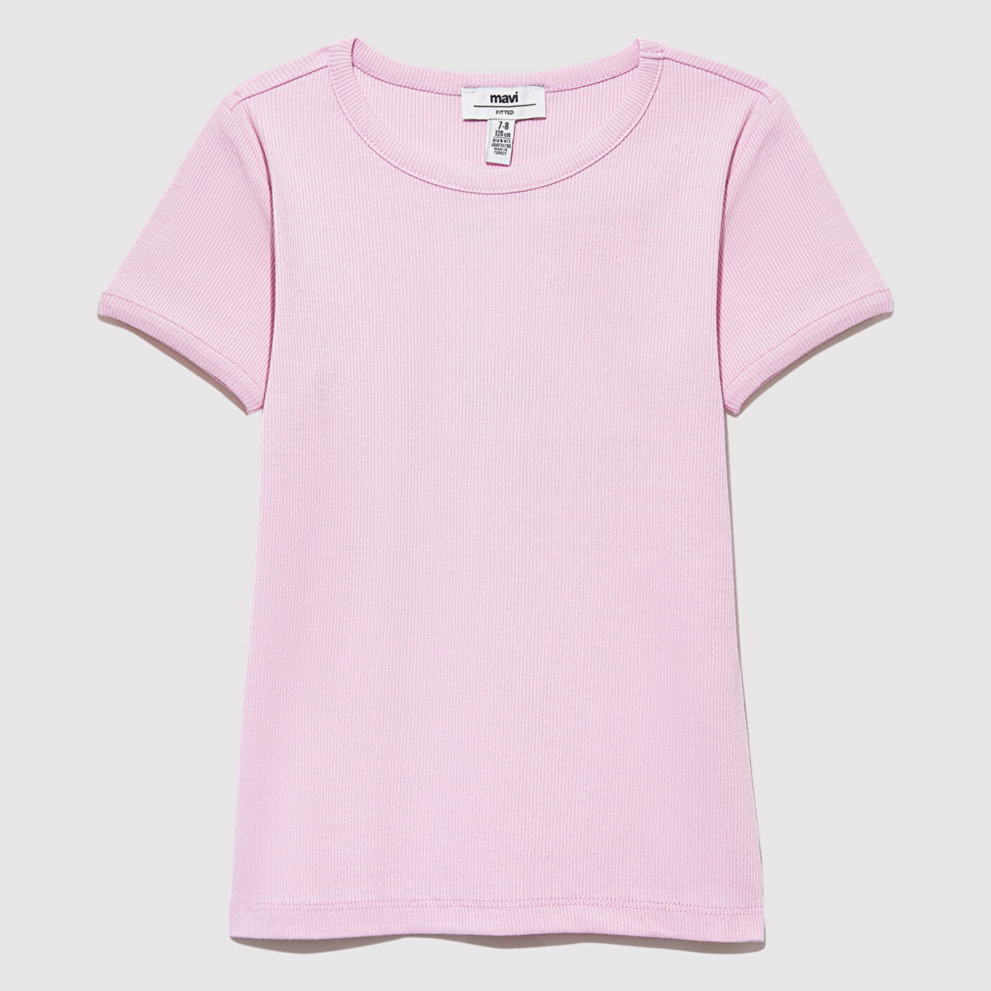 Mavi Fitilli Pembe Basic Tişört Fitted / Vücuda Oturan Kesim 7610260-86953