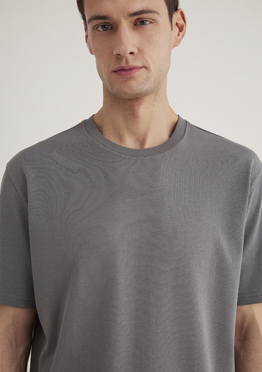  Mavi Bisiklet Yaka Gri Basic Tişört Loose Fit / Bol Rahat Kesim 0611596-80020