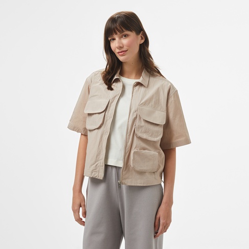  UNITED4 Dokuma Crop Kadın Gri Gömlek