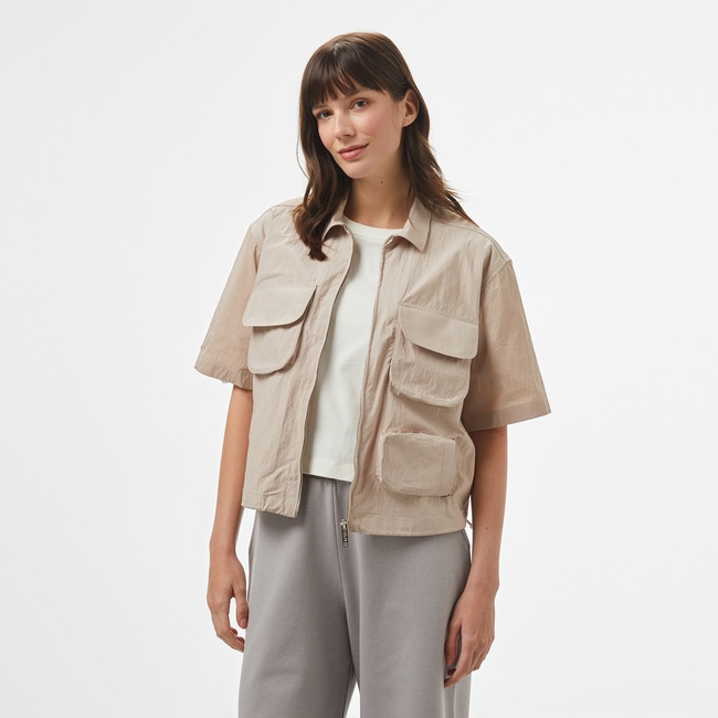  UNITED4 Dokuma Crop Kadın Gri Gömlek