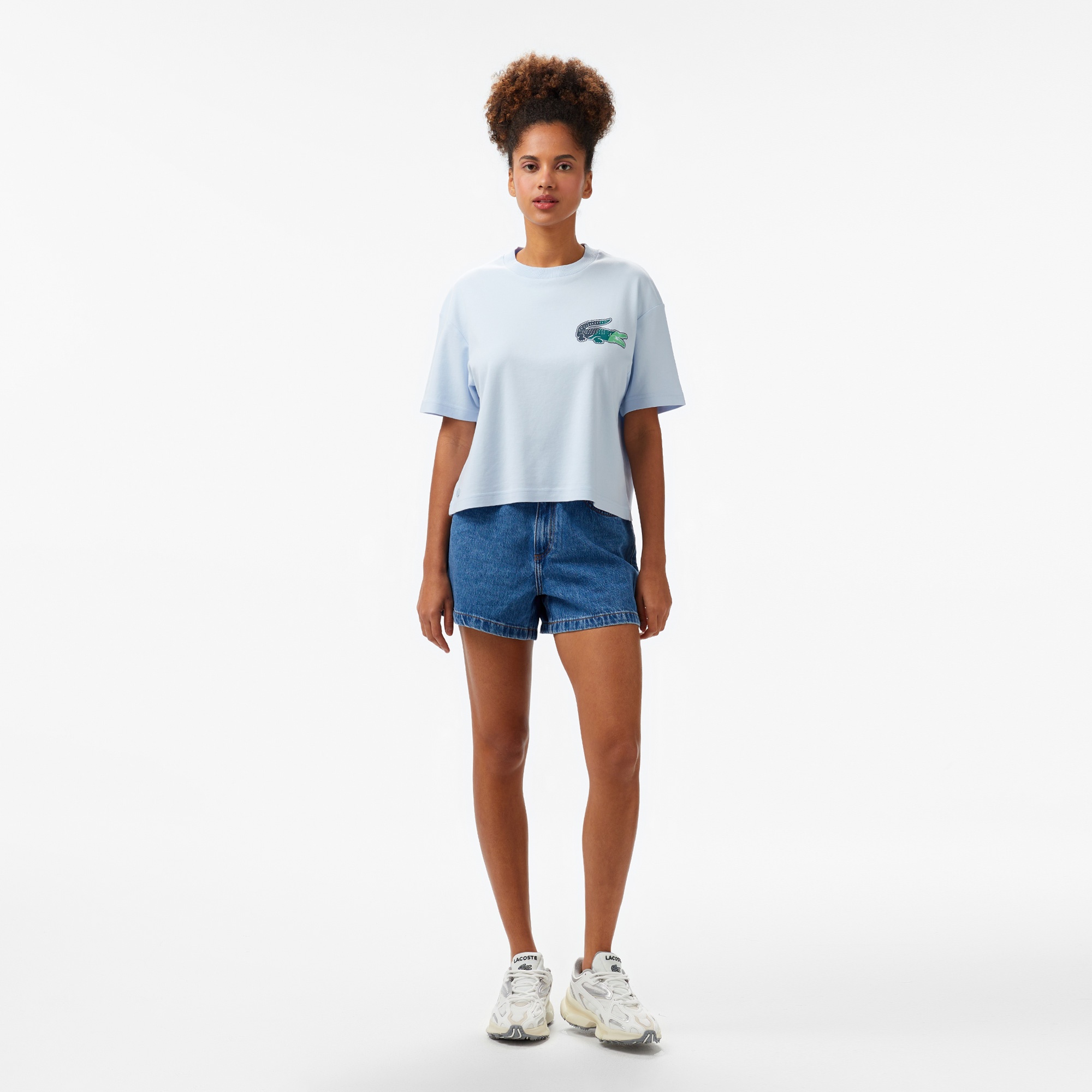 Lacoste Kadın Bisiklet Yaka Baskılı Mavi T-Shirt