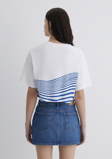  Mavi Baskılı Beyaz Tişört Crop / Kısa Kesim 1613434-620