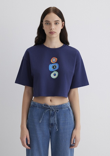  Mavi Nazar Boncuğu Baskılı Lacivert Tişört Crop / Kısa Kesim 1613443-70495