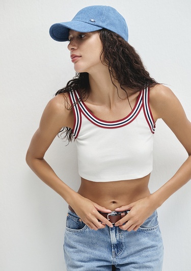  Mavi Biye Detaylı Beyaz Crop Atlet Crop / Kısa Kesim 1613435-70057