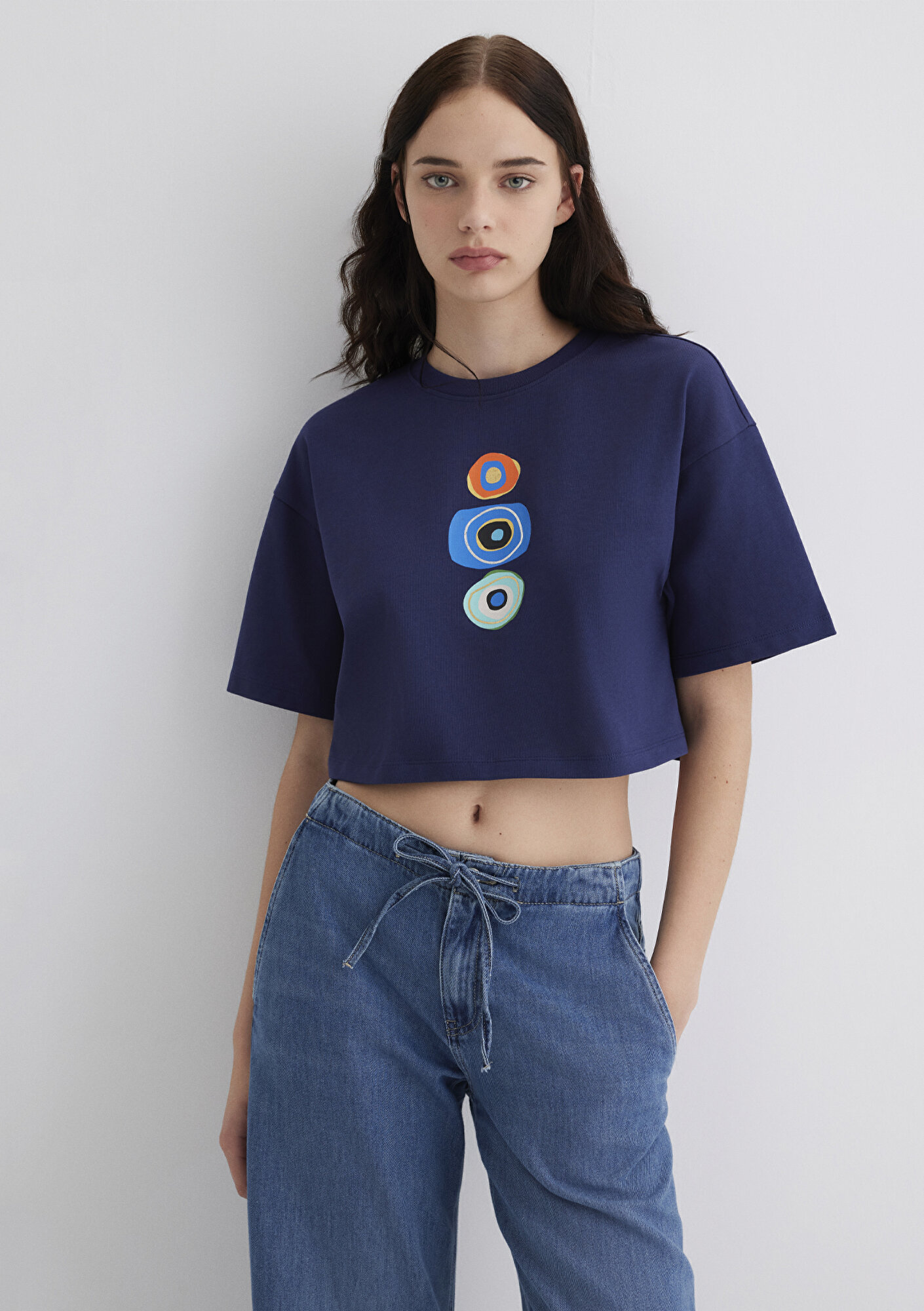  Mavi Nazar Boncuğu Baskılı Lacivert Tişört Crop / Kısa Kesim 1613443-70495