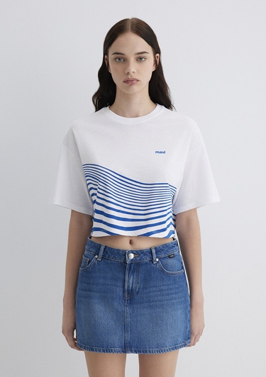  Mavi Baskılı Beyaz Tişört Crop / Kısa Kesim 1613434-620