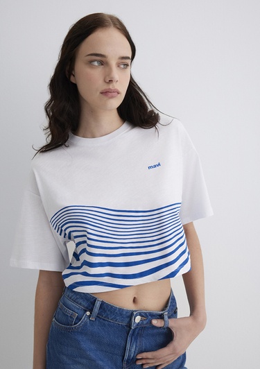  Mavi Baskılı Beyaz Tişört Crop / Kısa Kesim 1613434-620