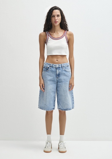  Mavi Biye Detaylı Beyaz Crop Atlet Crop / Kısa Kesim 1613435-70057