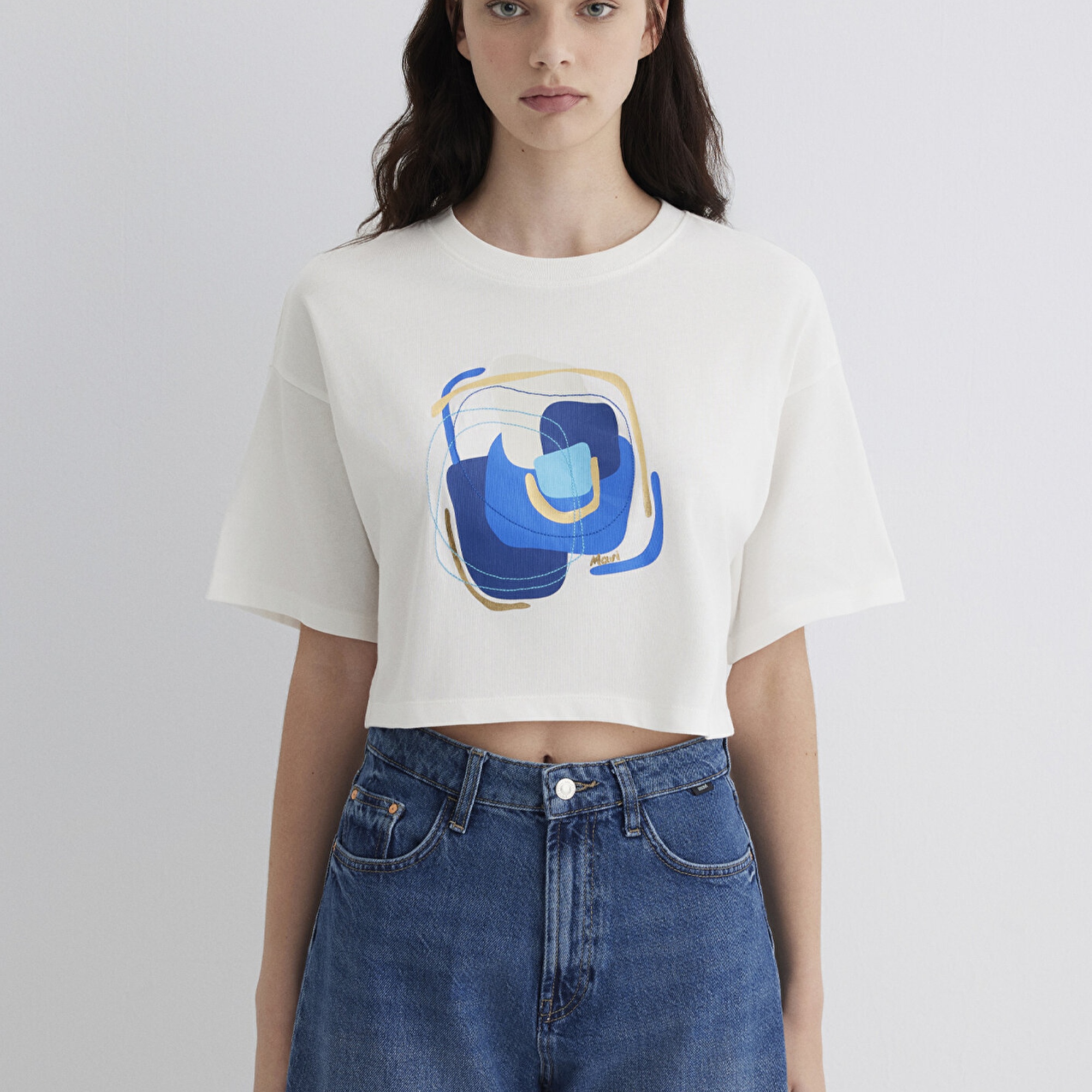 Mavi Nazar Boncuğu Baskılı Beyaz Tişört  1613446-70057