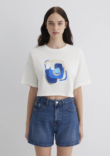  Mavi Nazar Boncuğu Baskılı Beyaz Tişört  1613446-70057