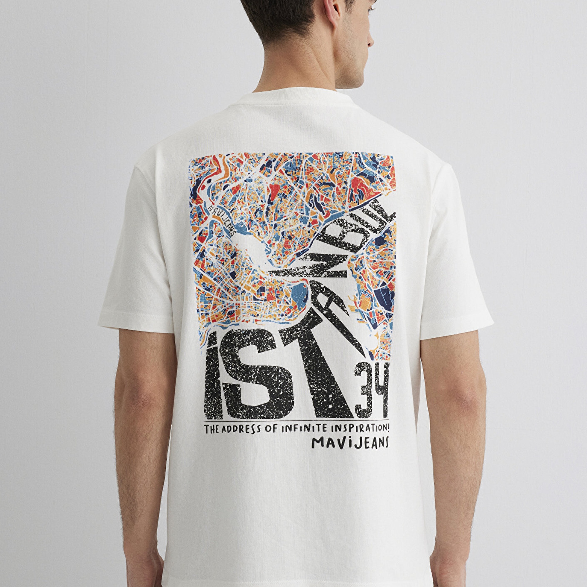 Mavi İstanbul Baskılı Ekru Tişört Loose Fit / Bol Rahat Kesim 0613000-70057