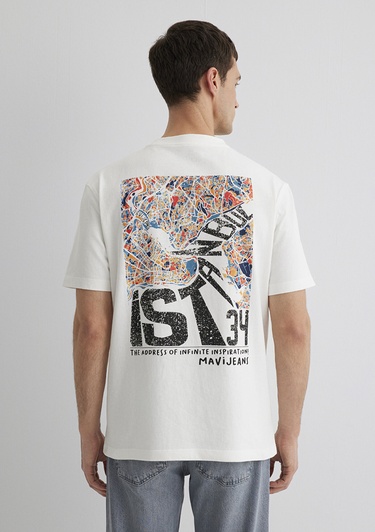  Mavi İstanbul Baskılı Ekru Tişört Loose Fit / Bol Rahat Kesim 0613000-70057