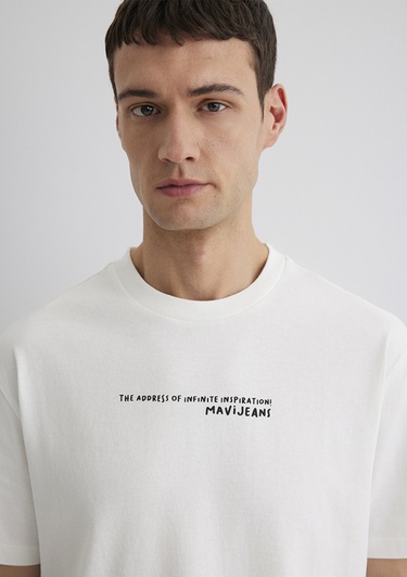  Mavi İstanbul Baskılı Ekru Tişört Loose Fit / Bol Rahat Kesim 0613000-70057