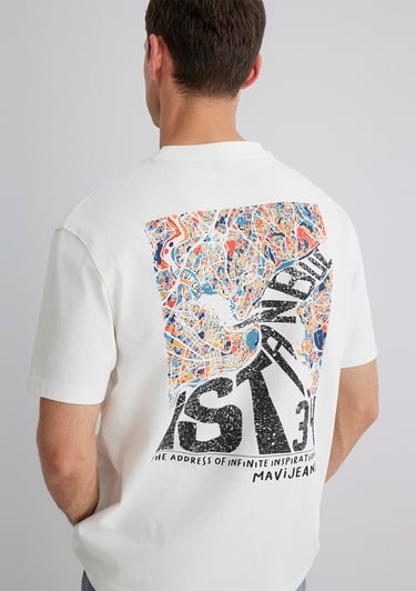  Mavi İstanbul Baskılı Ekru Tişört Loose Fit / Bol Rahat Kesim 0613000-70057