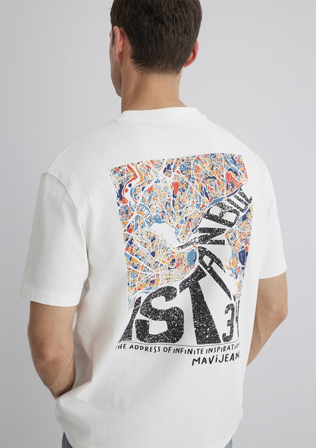  Mavi İstanbul Baskılı Ekru Tişört Loose Fit / Bol Rahat Kesim 0613000-70057