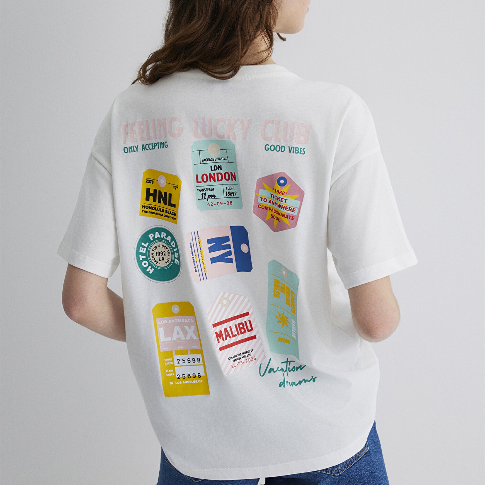 Mavi Baskılı Ekru Tişört Loose Fit / Bol Rahat Kesim 1613527-70057