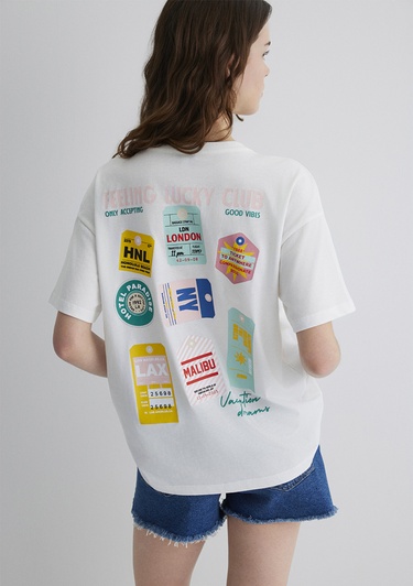  Mavi Baskılı Ekru Tişört Loose Fit / Bol Rahat Kesim 1613527-70057