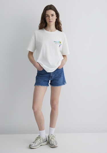  Mavi Baskılı Ekru Tişört Loose Fit / Bol Rahat Kesim 1613527-70057