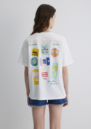  Mavi Baskılı Ekru Tişört Loose Fit / Bol Rahat Kesim 1613527-70057