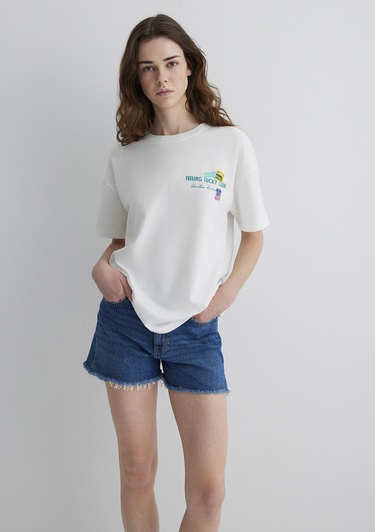  Mavi Baskılı Ekru Tişört Loose Fit / Bol Rahat Kesim 1613527-70057